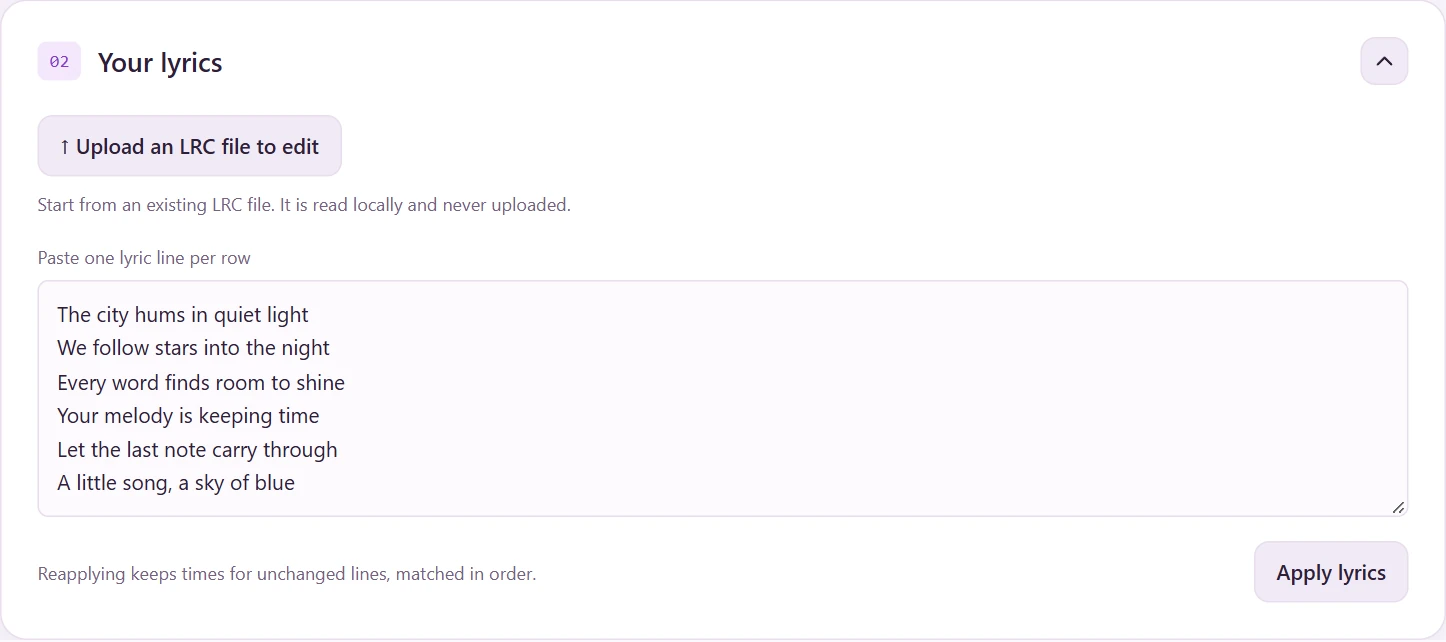Screenshot showing pasted example lyrics and the Apply lyrics button.