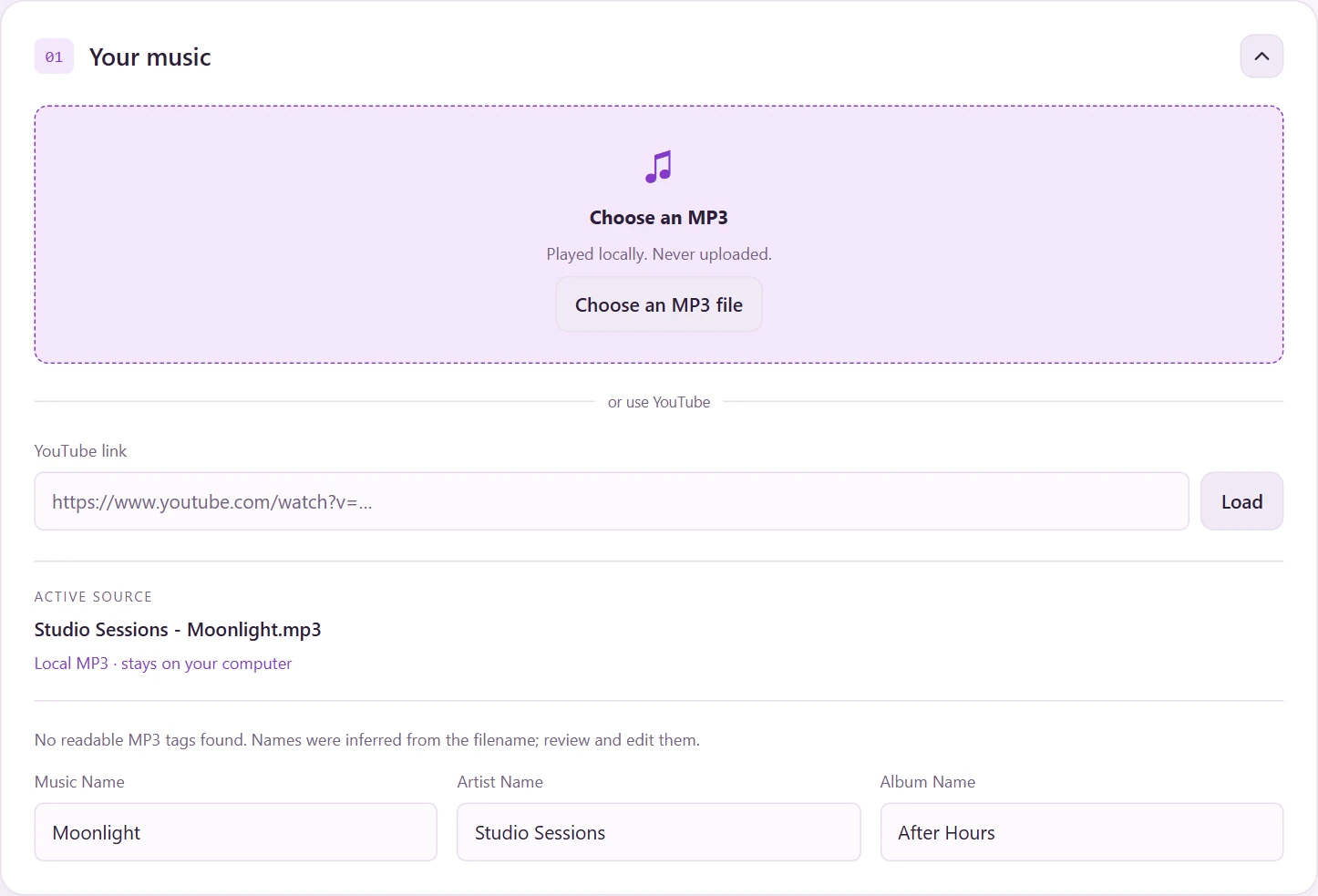 Screenshot showing MP3 selection, the YouTube field, and editable music details.